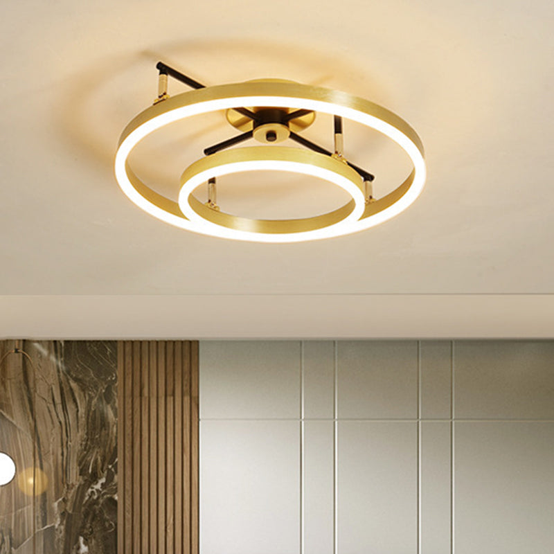 Gold Double Hoop Semi Flush Mount Led Ceiling Light Fixture In Warm/White 19.5/23.5 Inch Wide / 19.5