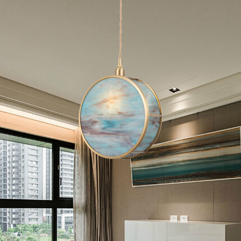 Nordic 1-Light Hanging Lamp Kit - Pink/Blue Glass Shade With Brass Pendant Fixture