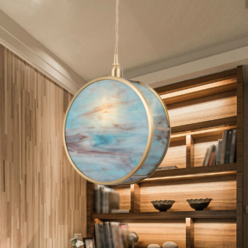 Nordic 1-Light Hanging Lamp Kit - Pink/Blue Glass Shade With Brass Pendant Fixture