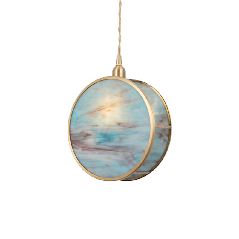 Nordic 1-Light Hanging Lamp Kit - Pink/Blue Glass Shade With Brass Pendant Fixture