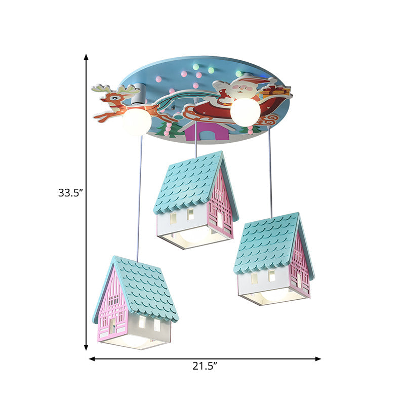 Blue House Pendant Lighting Cartoon 5-Head Wooden Ceiling Light With Santa Claus And Deer Decor
