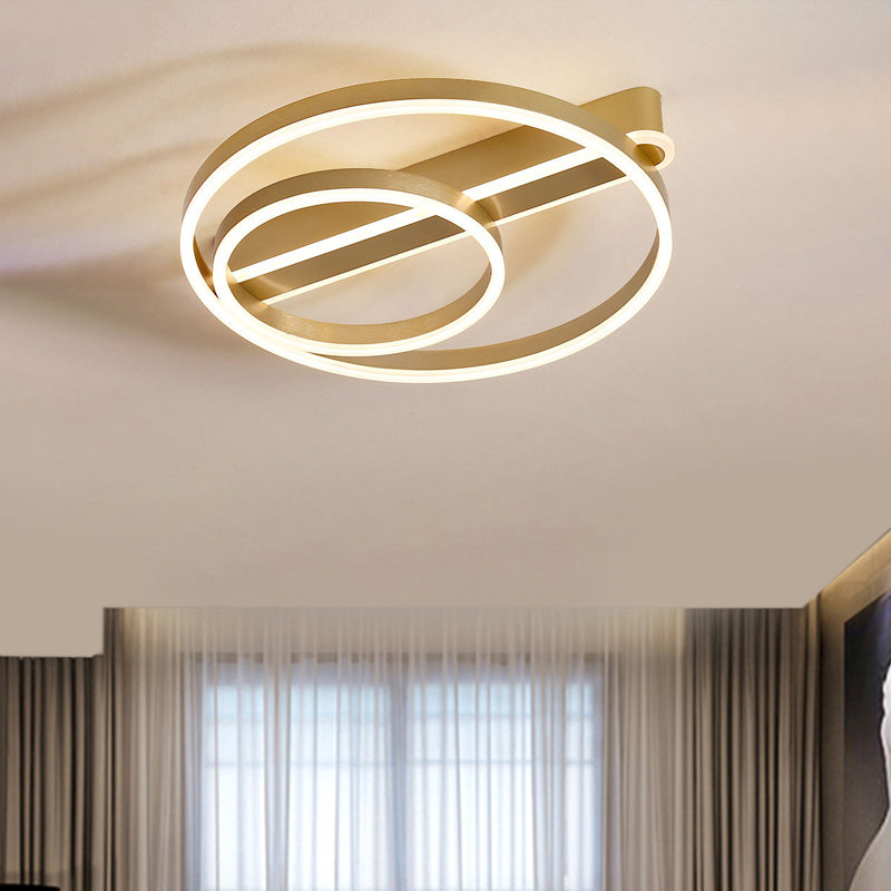 Modern Metal Gold/Coffee Flush Mount Light - 18"/21.5" W 2-Hoop LED Flush Ceiling Lamp - Parlor, Warm/White Light