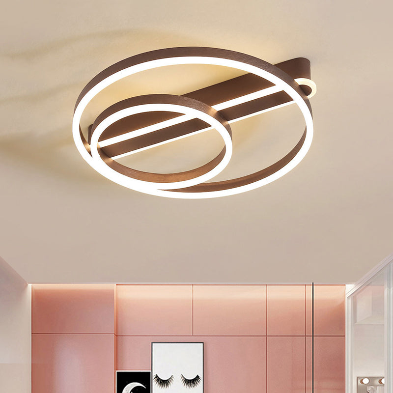 Modern Metal Gold/Coffee Flush Mount Light - 18"/21.5" W 2-Hoop LED Flush Ceiling Lamp - Parlor, Warm/White Light