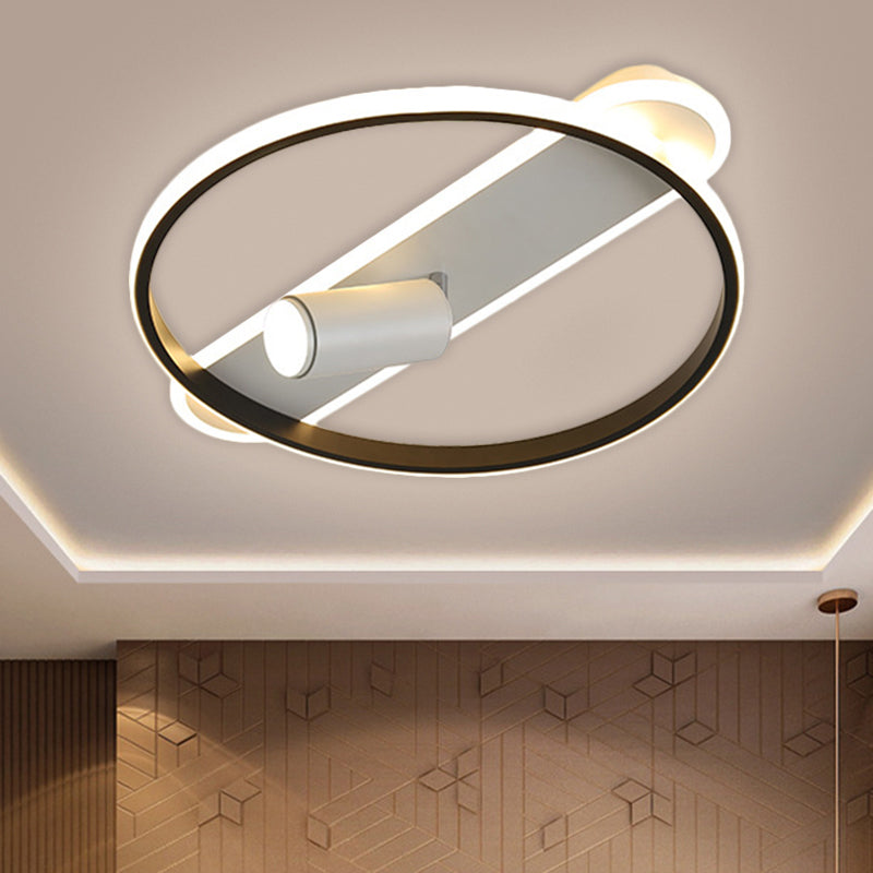 Modern LED Metallic Ceiling Lamp with Spotlight Design in Black Hoop and Oblong Flush Mount, Warm/White Light