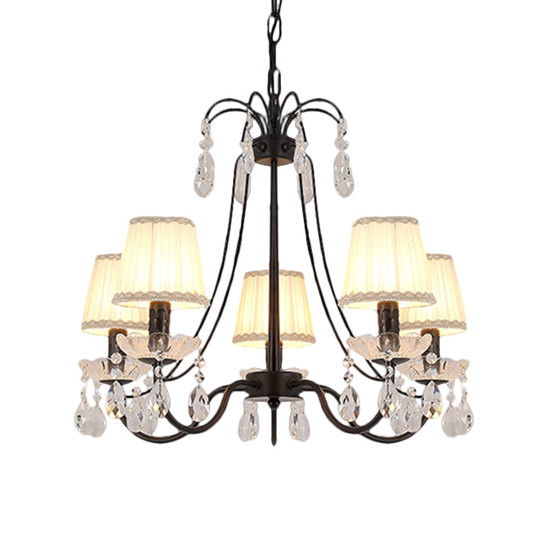 Black Modernist Cone Hanging Chandelier - Fabric 5/6/8 Bulbs - Restaurant Down Lighting with Crystal Drops