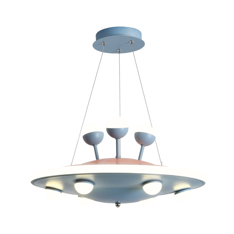 Kids Bedroom Ceiling Chandelier - Cartoon Ufo Metal Led Pendant Light In Pink/Blue