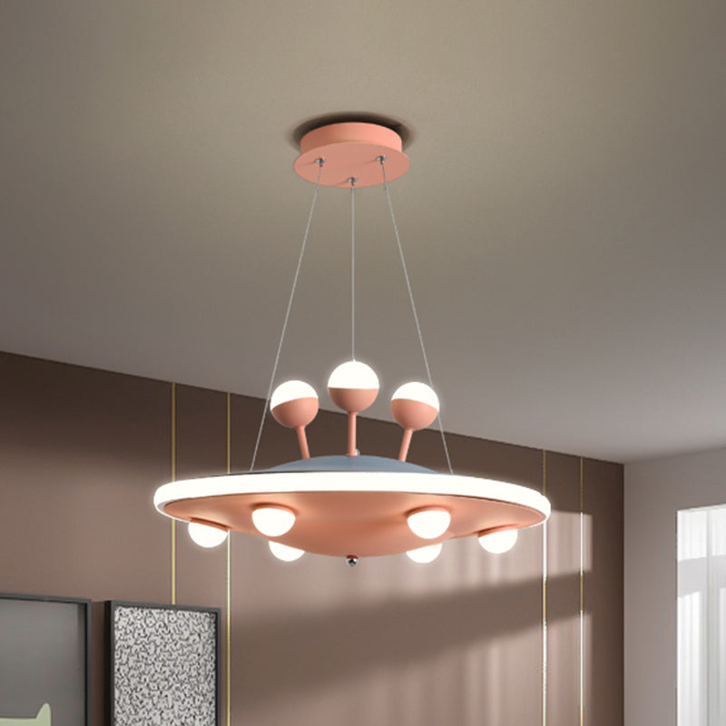 Kids Bedroom Ceiling Chandelier - Cartoon Ufo Metal Led Pendant Light In Pink/Blue