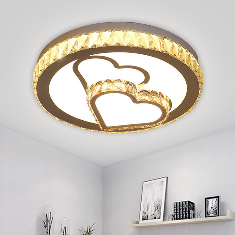 Modern Chrome LED Heart and Round Flush Mount Crystal Ceiling Lamp in Warm/White Light