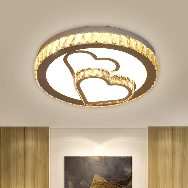 Modern Chrome LED Heart and Round Flush Mount Crystal Ceiling Lamp in Warm/White Light