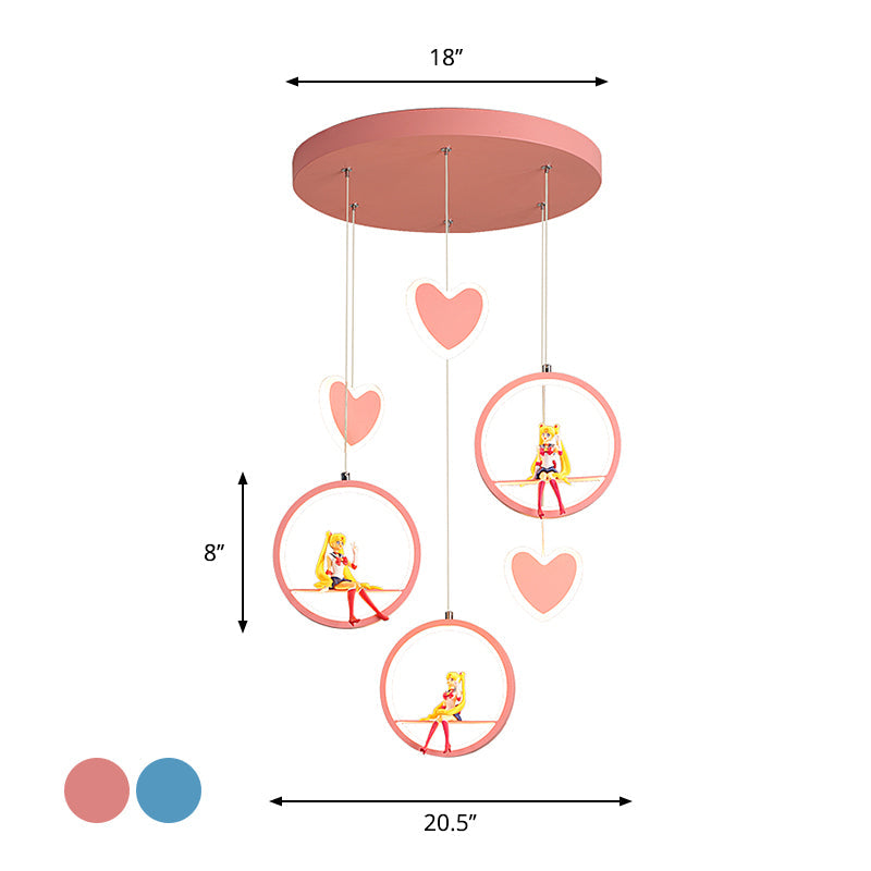 Childrens Acrylic Heart And Ring Chandelier - Pink/Blue Hanging Lamp With 3 Lights