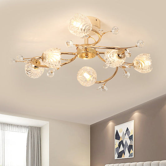 Minimalist Gold Ceiling Light Fixture with Bloom Clear Crystal Shade - 6-Head Bedroom Semi Flush