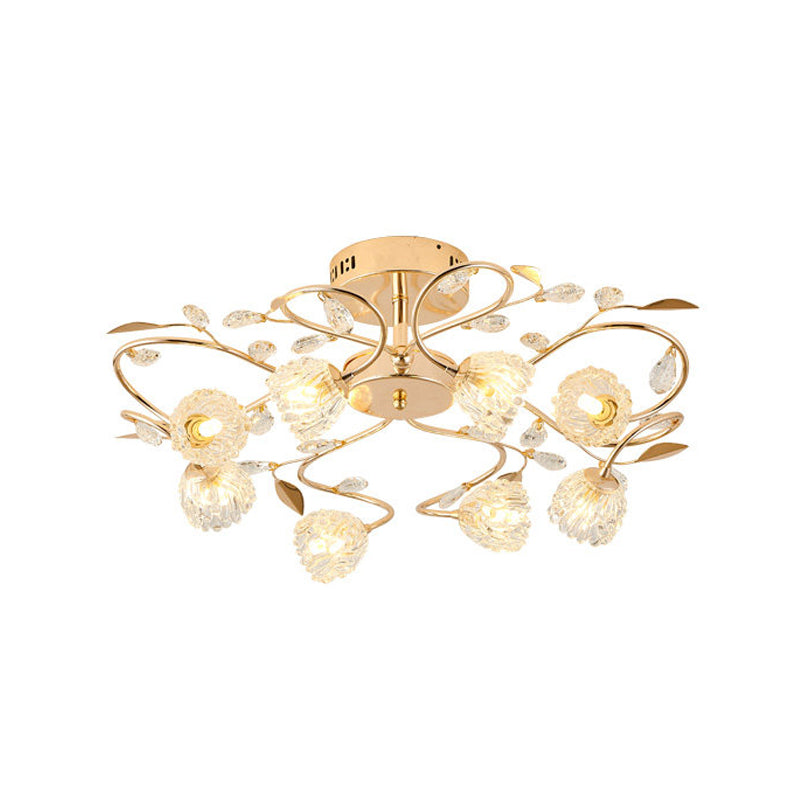 Plafonnier semi-encastré en métal doré avec fleurs en cristal prismatiques et 8 ampoules - Style contemporain