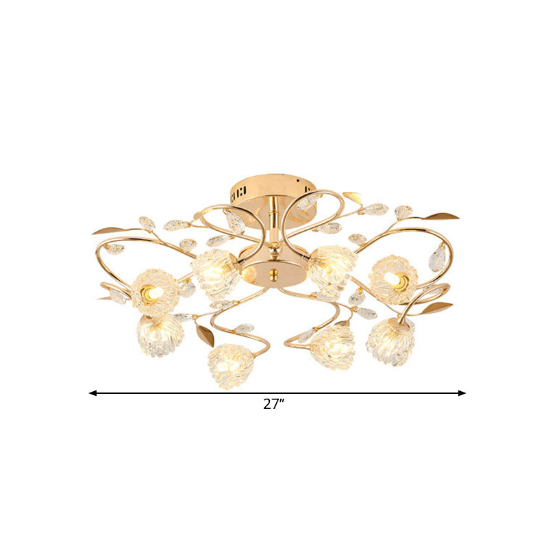 Plafonnier semi-encastré en métal doré avec fleurs en cristal prismatiques et 8 ampoules - Style contemporain
