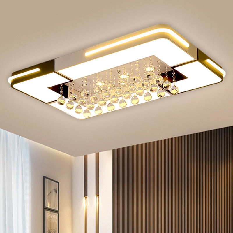Modern Black & White Rectangle LED Ceiling Flushmount with Crystal Ball Deco in White Light