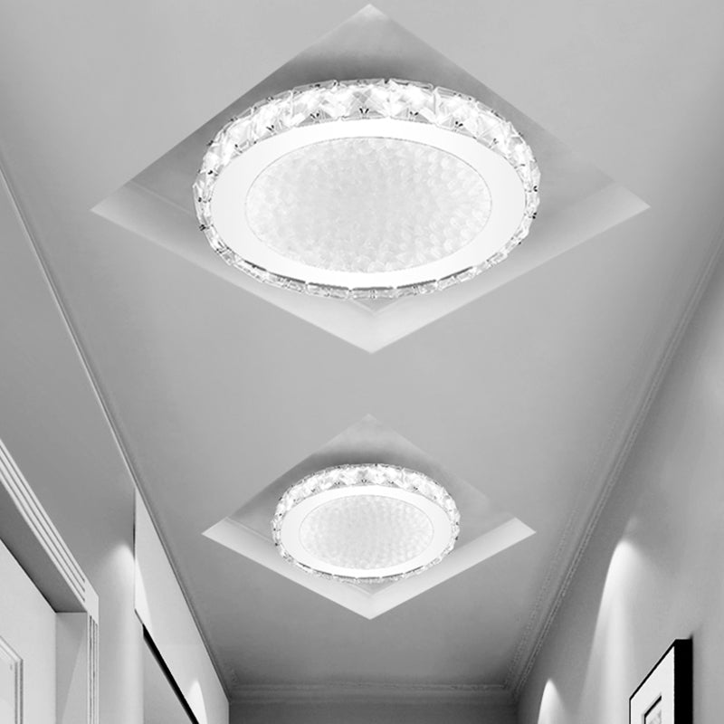 Crystal Block LED Circle Flush Mount Lamp: Sleek Chrome Design, Warm/White Corridor Ceiling Lighting