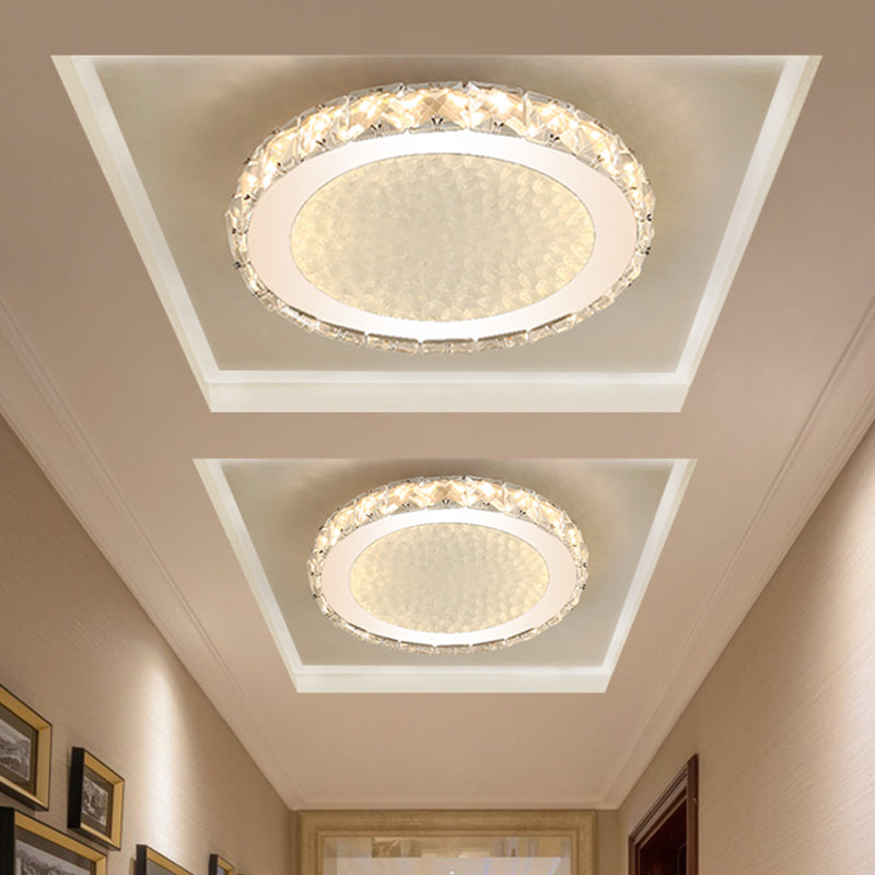 Crystal Block LED Circle Flush Mount Lamp: Sleek Chrome Design, Warm/White Corridor Ceiling Lighting
