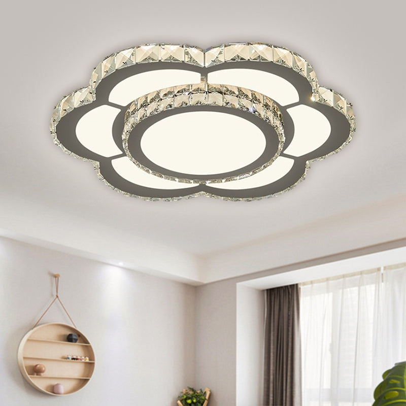 Chrome LED Flower Ceiling Light with Faceted Crystal and Warm/White Glow, 18" or 23.5" Wide