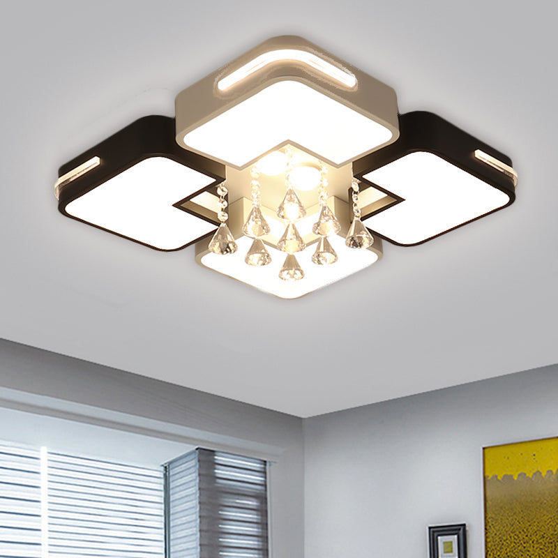 Modern Square LED Flushmount Light Fixture with Crystal Drop and Warm/White Lighting in Black and White Metal Design