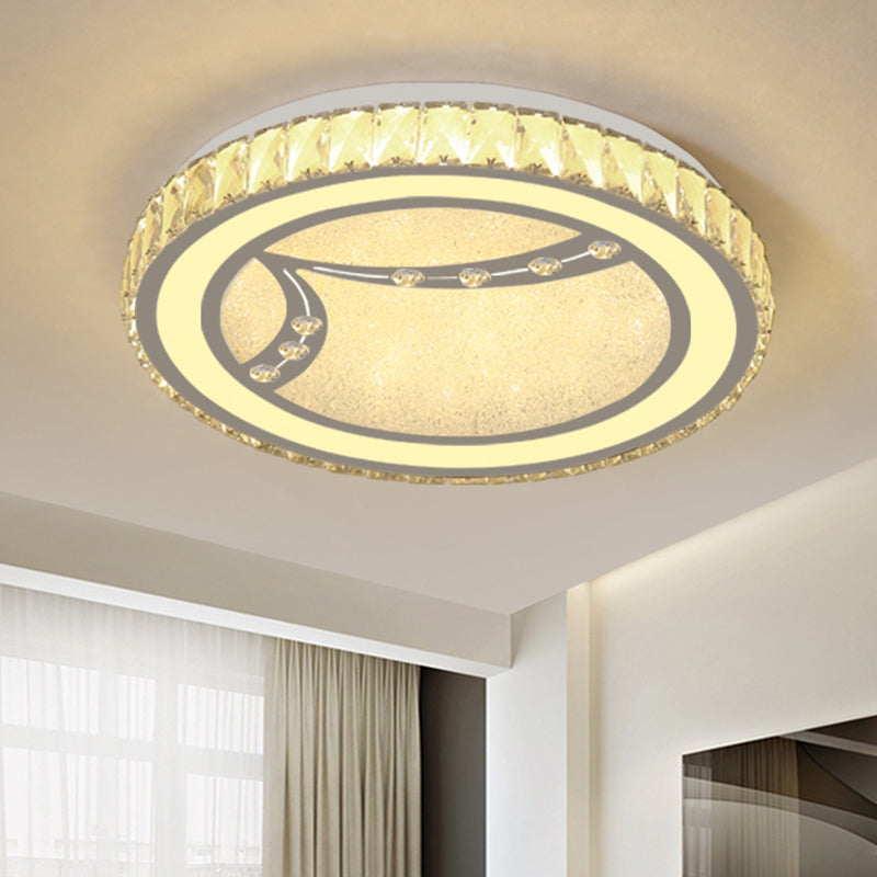 Drum Ceiling Lamp with Crystal Bead Deco - Minimalist Acrylic LED Flush Mount Fixture, Chrome Finish - Warm/White Light for Bedroom