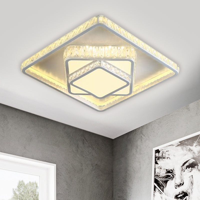 Minimalistic LED Crystal Flush Lamp: White Ceiling-Mounted Fixture with Square Block Design