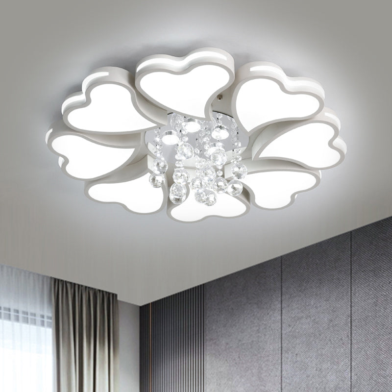 Modernist Heart Flush Light Metallic Ceiling Fixture with Crystal Accent - White, 6/8 Bulbs