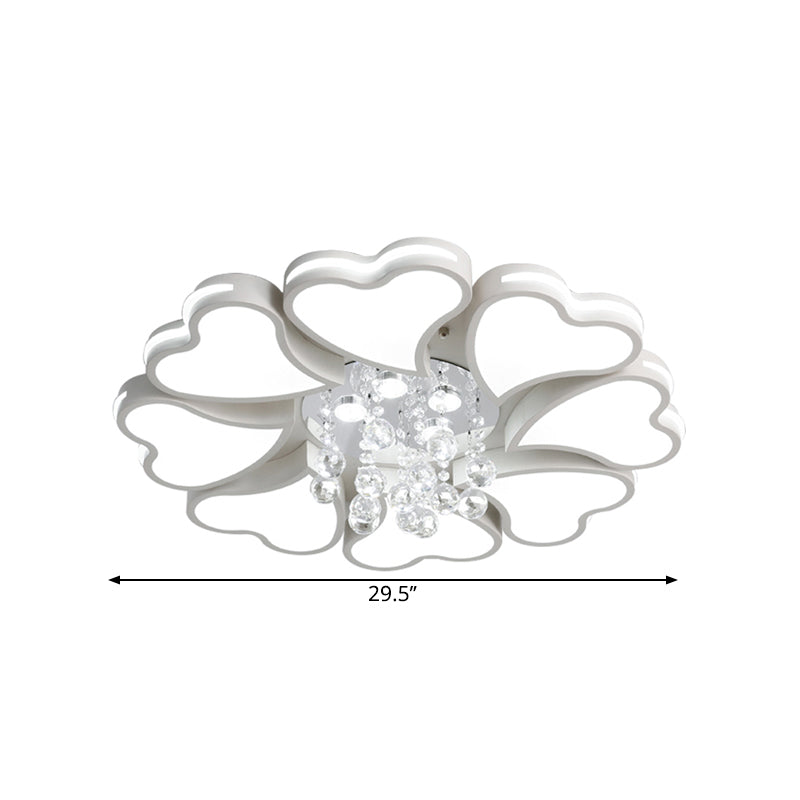 Modernist Heart Flush Light Metallic Ceiling Fixture with Crystal Accent - White, 6/8 Bulbs