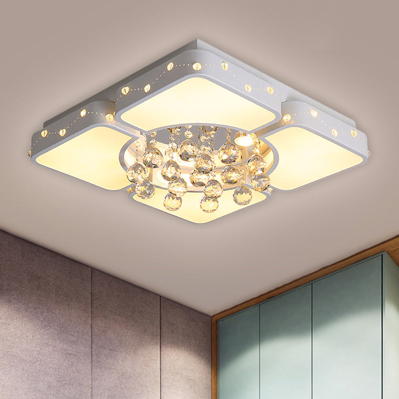 Modernist Metal LED Bedroom Flush Mount Light in White with Crystal Droplet | Square Close-to-Ceiling Lighting, 19.5"/23.5" W
