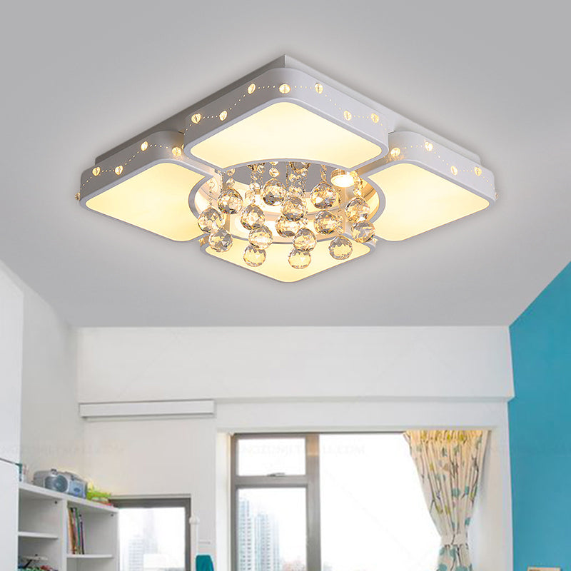 Modernist Metal LED Bedroom Flush Mount Light in White with Crystal Droplet | Square Close-to-Ceiling Lighting, 19.5"/23.5" W