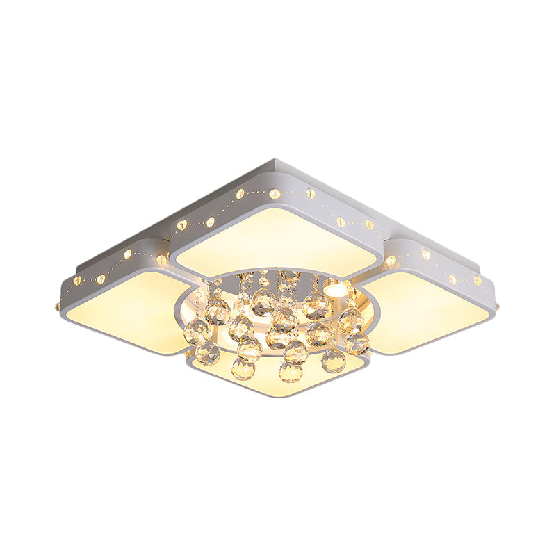 Modernist Metal LED Bedroom Flush Mount Light in White with Crystal Droplet | Square Close-to-Ceiling Lighting, 19.5"/23.5" W