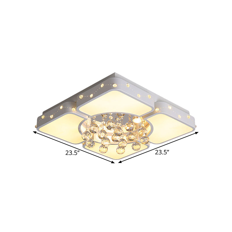 Modernist Metal LED Bedroom Flush Mount Light in White with Crystal Droplet | Square Close-to-Ceiling Lighting, 19.5"/23.5" W