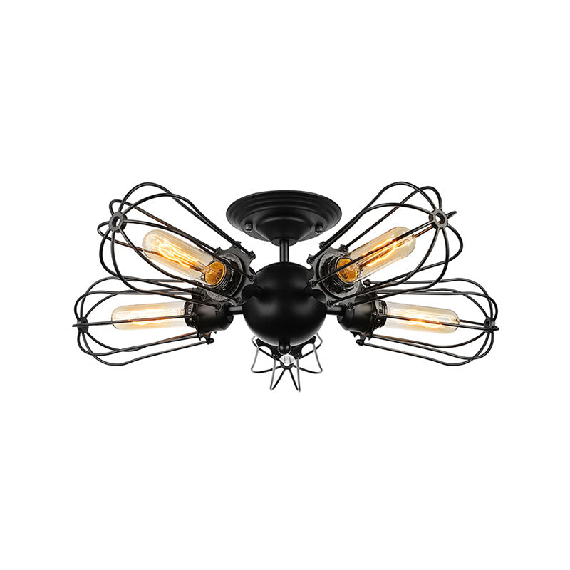 Rustic Wire Frame Ceiling Light - Vintage Bulb Shape with 3/5 Metal Lights in Black for Farmhouse Semi Flush Mount