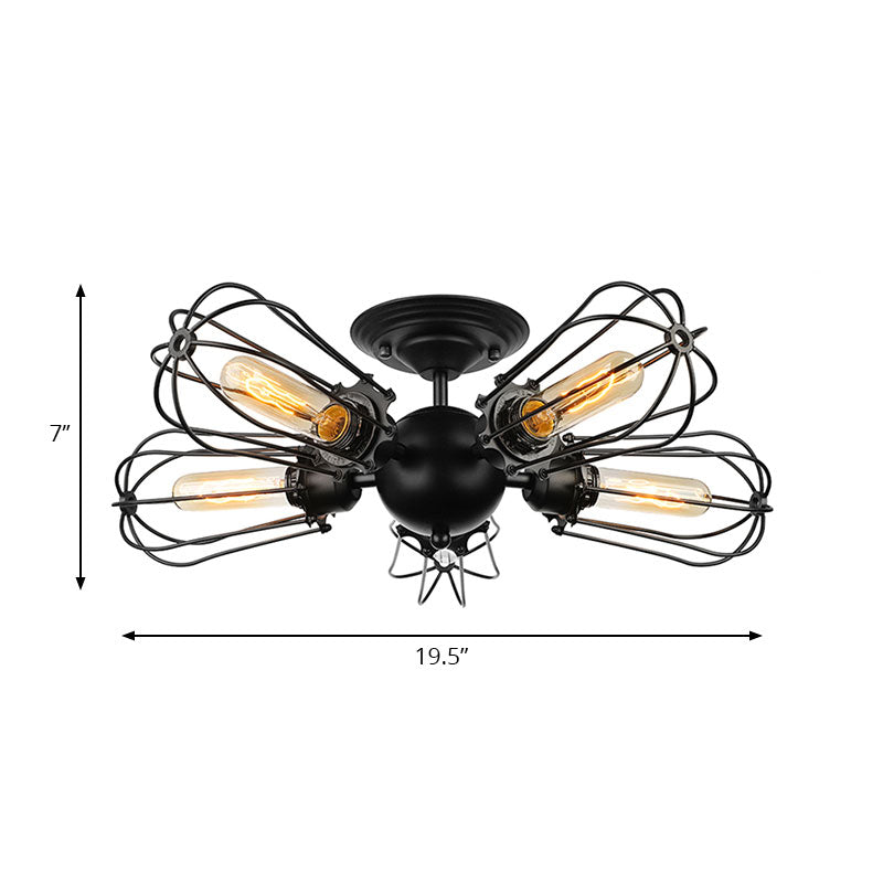 Rustic Wire Frame Ceiling Light - Vintage Bulb Shape with 3/5 Metal Lights in Black for Farmhouse Semi Flush Mount