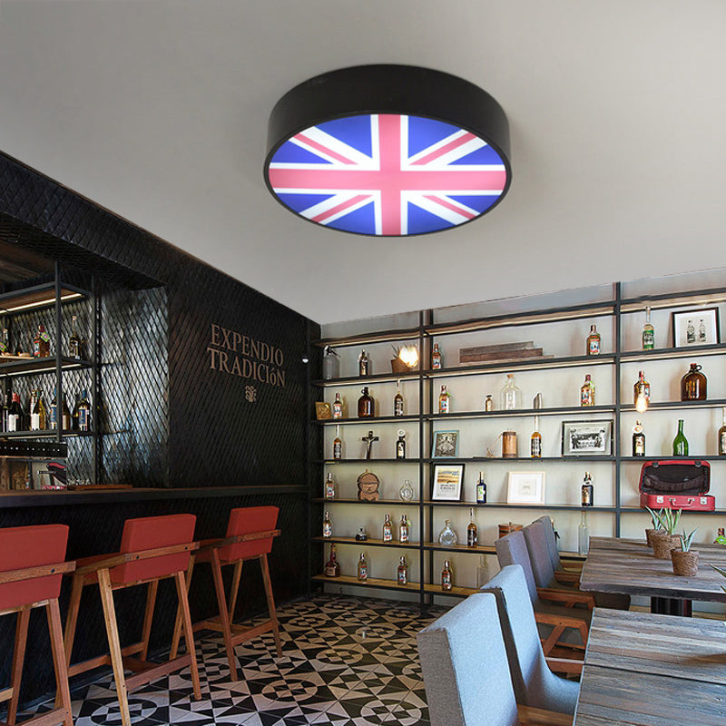 Industrial Metal LED Flush Mount Drum Ceiling Light with Flag Design