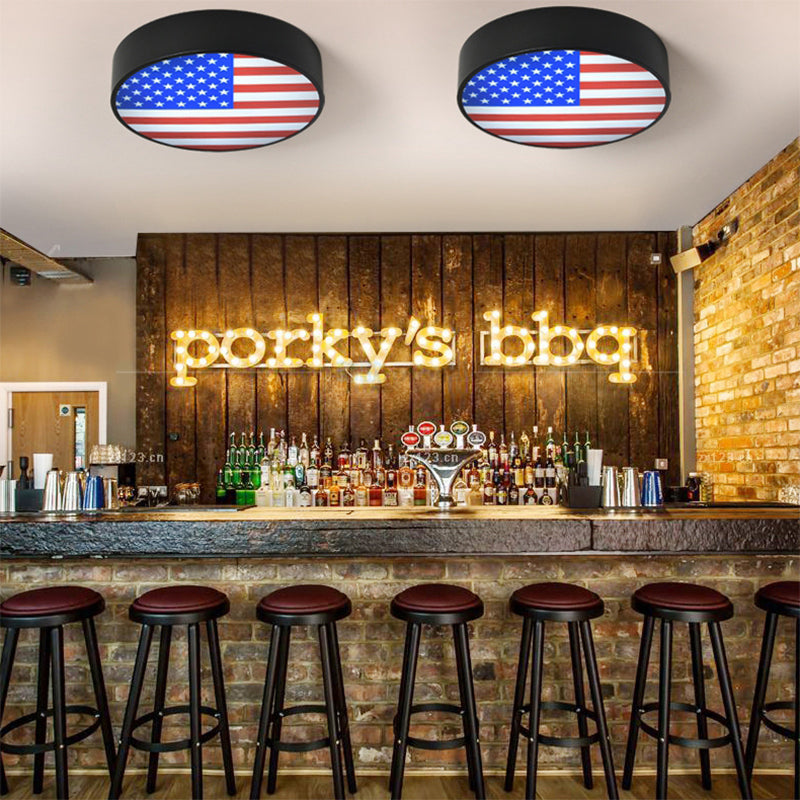 Rustic Metal LED Drum Flush Mount Light with Flag Pattern - Industrial Style
