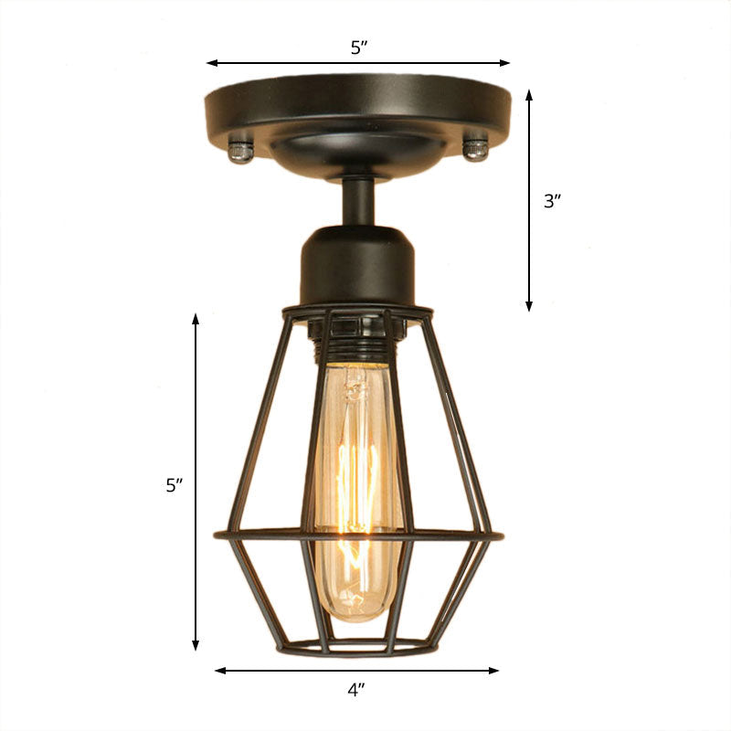 Plafonnier semi-encastré en fer noir de style industriel avec design à cage ouverte pour salon