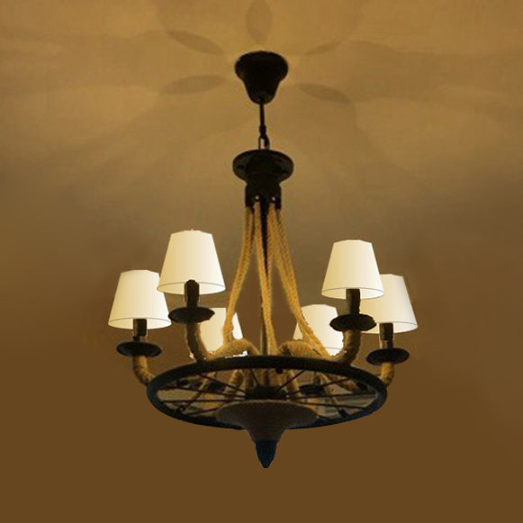 Suspension Farmhouse Wagon Wheel avec abat-jour conique en tissu - 6/8 ampoules, lustre en corde beige
