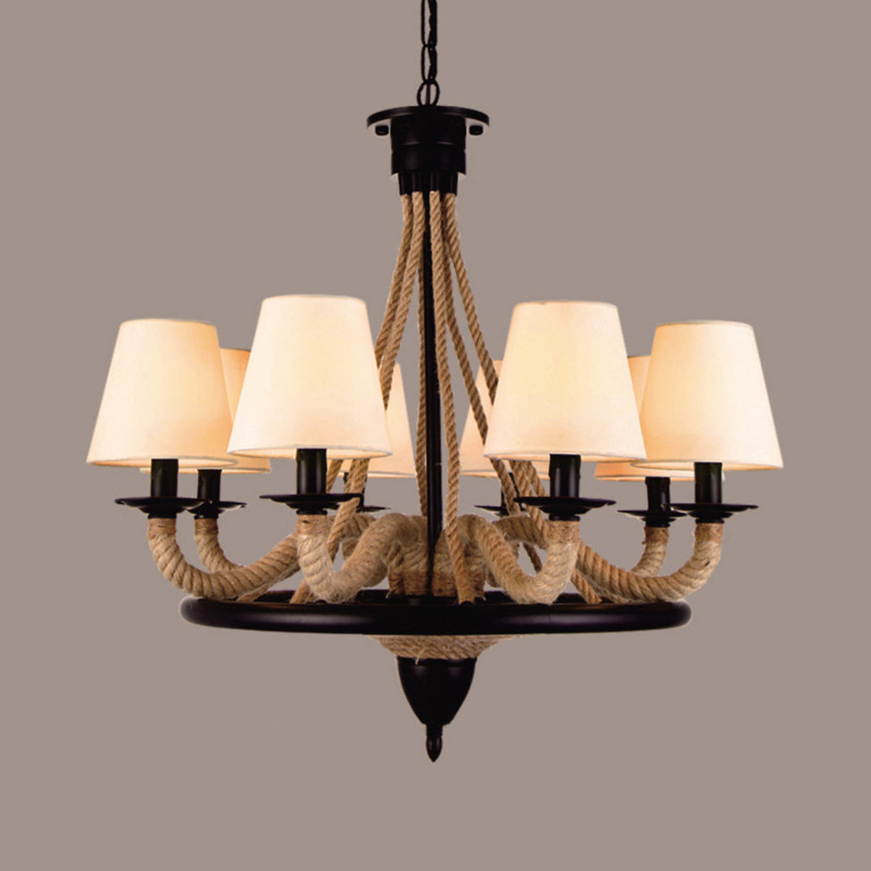 Suspension Farmhouse Wagon Wheel avec abat-jour conique en tissu - 6/8 ampoules, lustre en corde beige