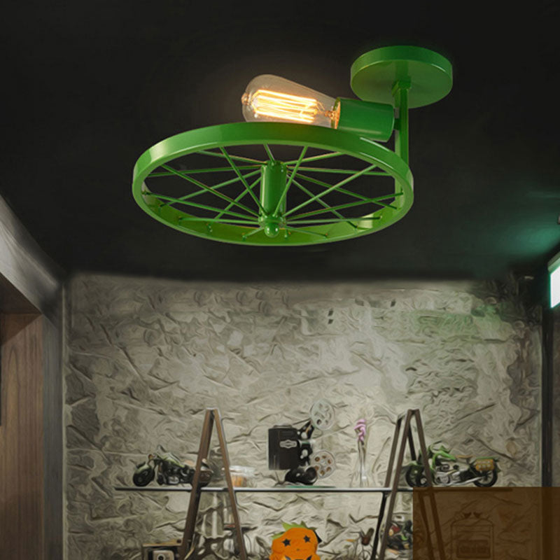 Semi-Flush Ceiling Light with Exposed Bulb, Industrial Wheel Design in White/Red Metallic