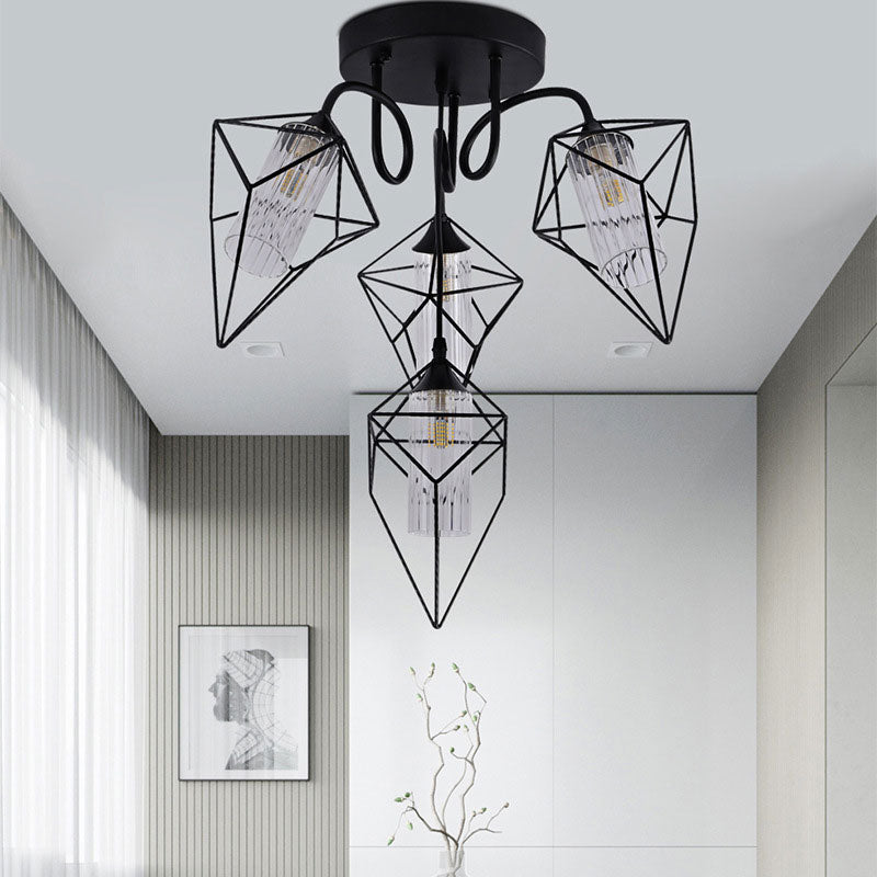 Retro Metal Cage Diamond Chandelier with Clear Glass Shade - Bedroom Ceiling Mount Pendant Light (4/6 Lights, Black)