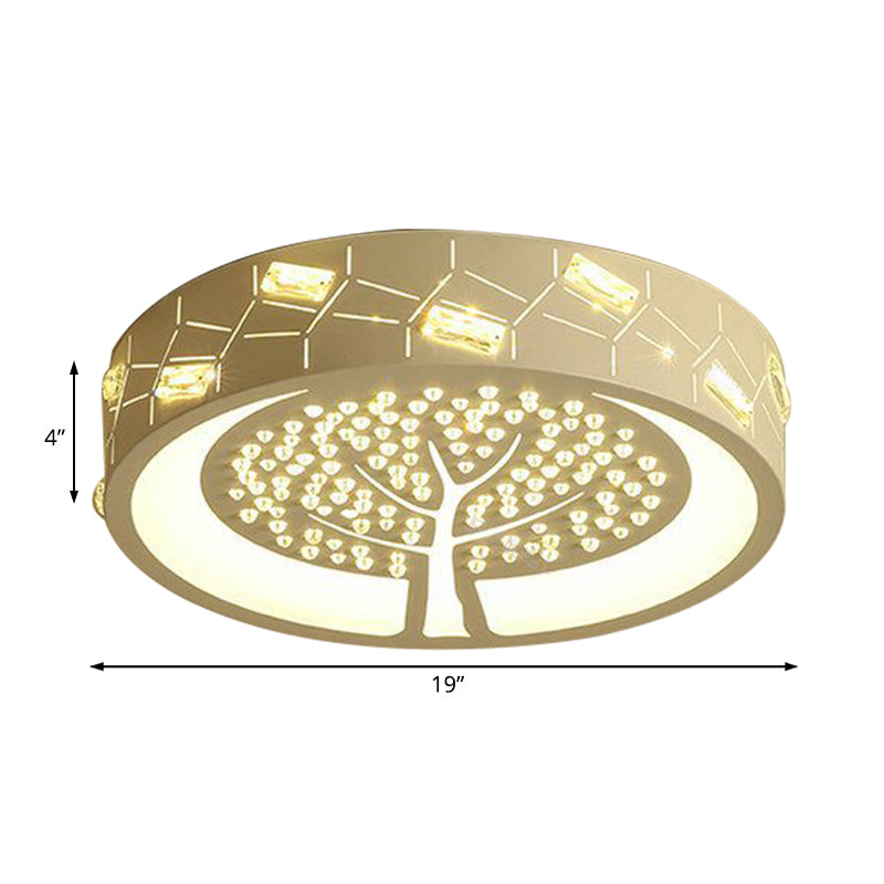 Contemporary Metal LED Flush Mount Light with Tree Pattern, Crystal Bead, White/Warm Lighting