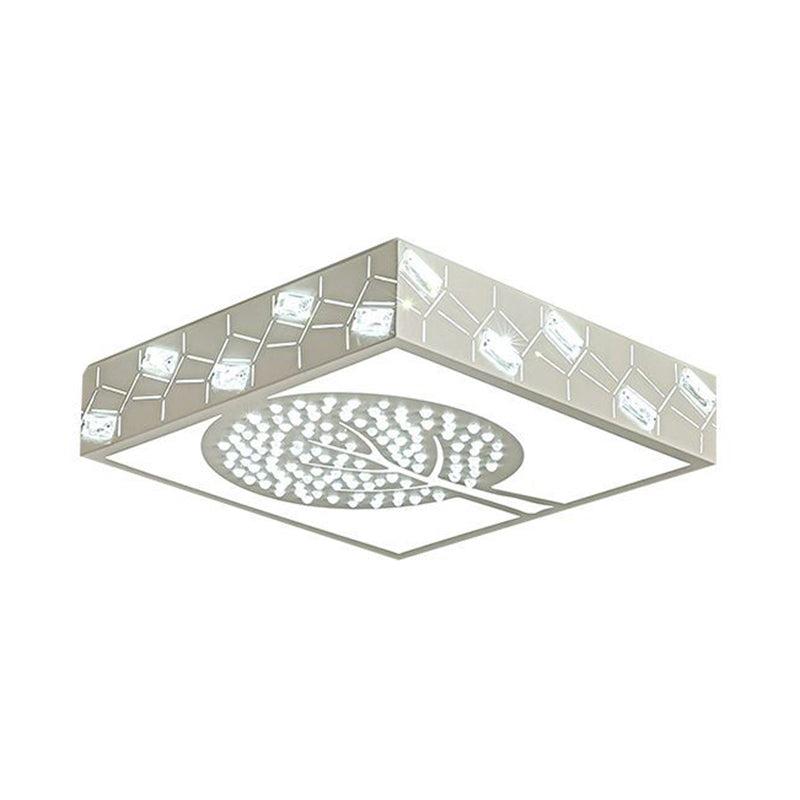 Nordic Metal LED Bedroom Ceiling Lamp - Square Box Flush Mount with Crystal Bead & Tree Pattern, White/Warm Light