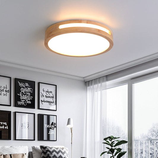 Nordic Led Flush Ceiling Light With Natural Wood Drum Design Warm/White Lighting 12/16/19.5 Diameter