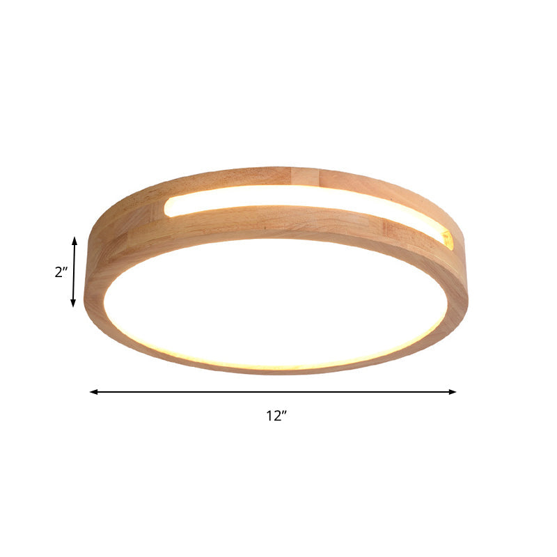Nordic Led Flush Ceiling Light With Natural Wood Drum Design Warm/White Lighting 12/16/19.5 Diameter