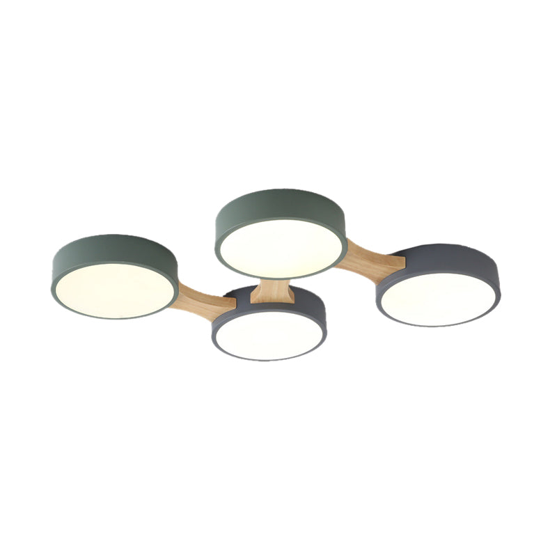 Nordic Wood and Metal Flush Ceiling Light - Round, Grey Shade, 3/4/5 Lights, Ideal for Bedroom - Warm/White