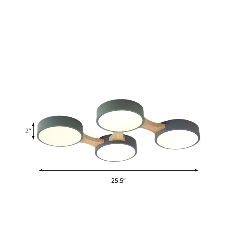 Nordic Wood and Metal Flush Ceiling Light - Round, Grey Shade, 3/4/5 Lights, Ideal for Bedroom - Warm/White