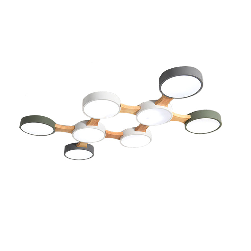 Nordic Wood and Metal Flush Ceiling Light - Round, Grey Shade, 3/4/5 Lights, Ideal for Bedroom - Warm/White