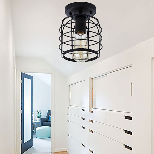 Vintage Cylindrical Cage Metal Ceiling Light, Black - Perfect for Corridors
