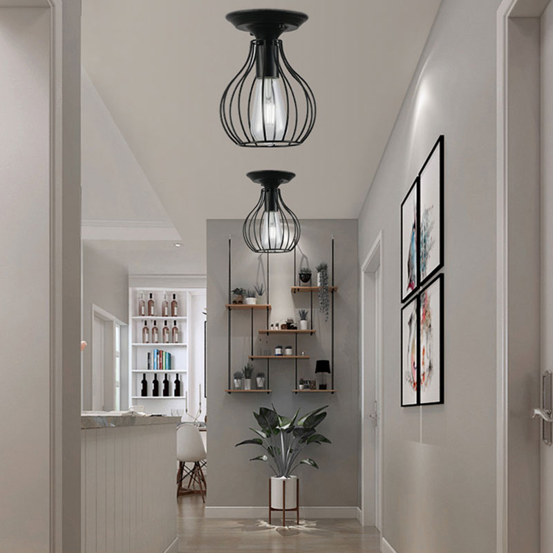 Plafonnier industriel élégant en fer noir - Design cage ovale/cloche, 1 lampe suspendue semi-encastrée pour couloir