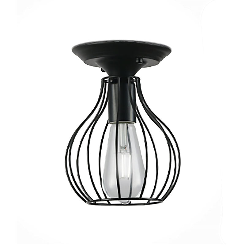 Plafonnier industriel élégant en fer noir - Design cage ovale/cloche, 1 lampe suspendue semi-encastrée pour couloir