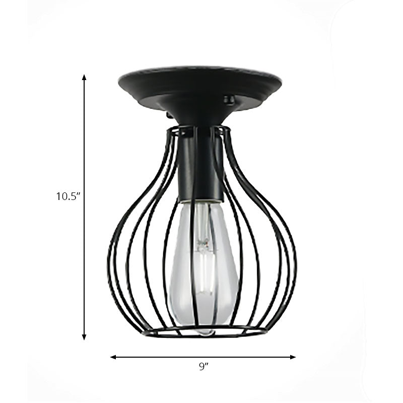 Plafonnier industriel élégant en fer noir - Design cage ovale/cloche, 1 lampe suspendue semi-encastrée pour couloir
